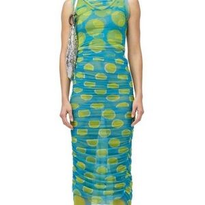 Simon Miller Mesh Cielo Blue & Lime Polka-Dot Ruched Maxi Dress NWT